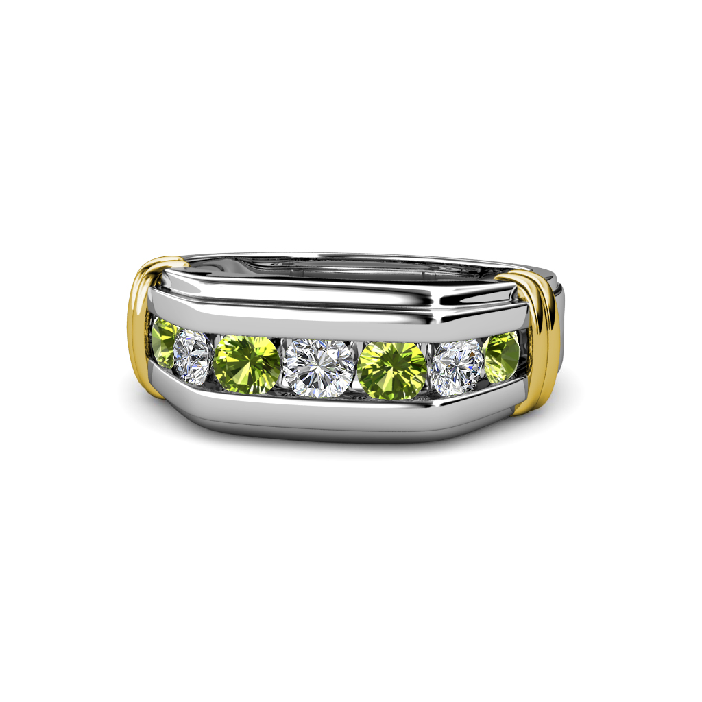 Brad Round Peridot and Diamond 7 Stone Men Wedding Ring (8.5 mm) 